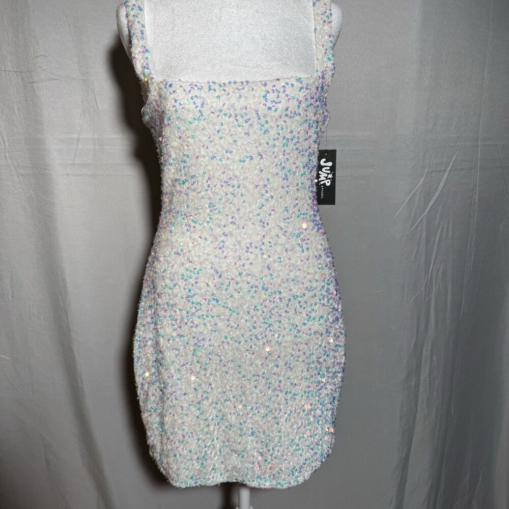 NWT Jump Apparel White Sequin Mini Dress Medium Iridescent Party Prom Dance